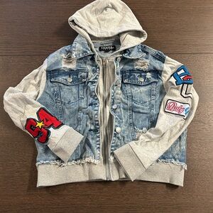 Thrill brand hooded denim jacket with gray sweatshirt distressed details Size M
